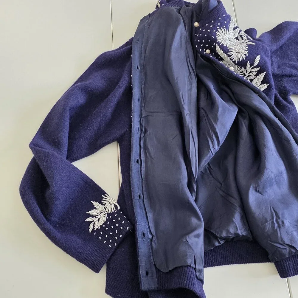 Vtg Embellished Beaded 1960s Cardigan Womens 44 L Blue Lined Floral Art To Wear - Picture 12 of 16